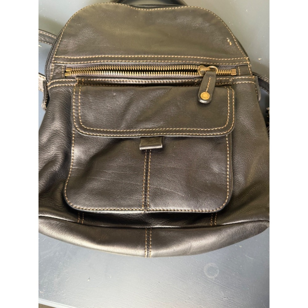 Fossil Black Leather Small Backpack Purse Contrast Stitch Brass Hardware Bag